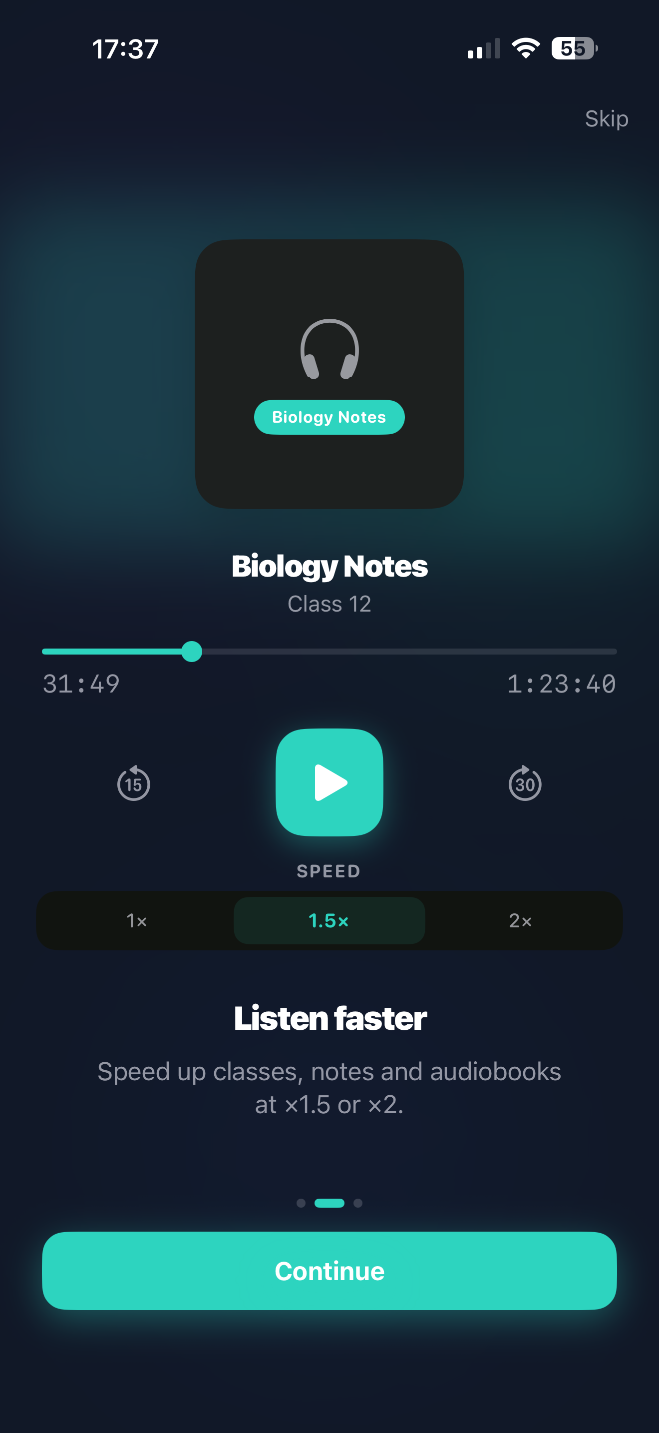 SpeedAudio player showing speed controls at 1x, 1.5x and 2x