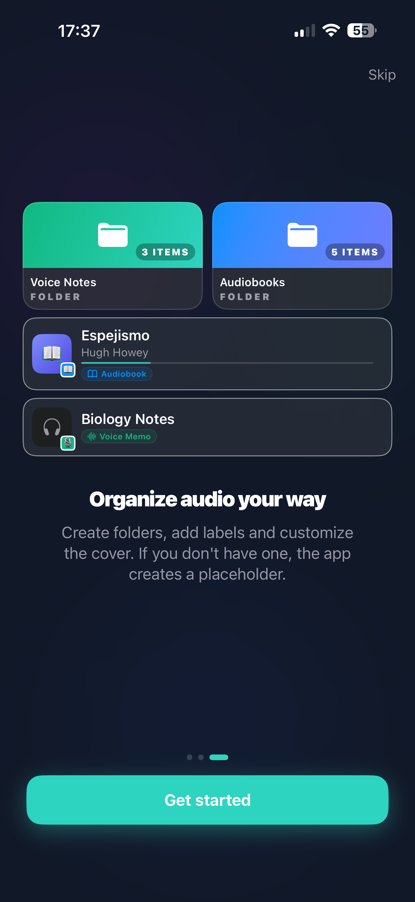 SpeedAudio library view showing organized folders and audio files